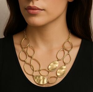 Chic Gold Layered Statement Necklace – Hammered Discs, Hoops & Water Drop Design